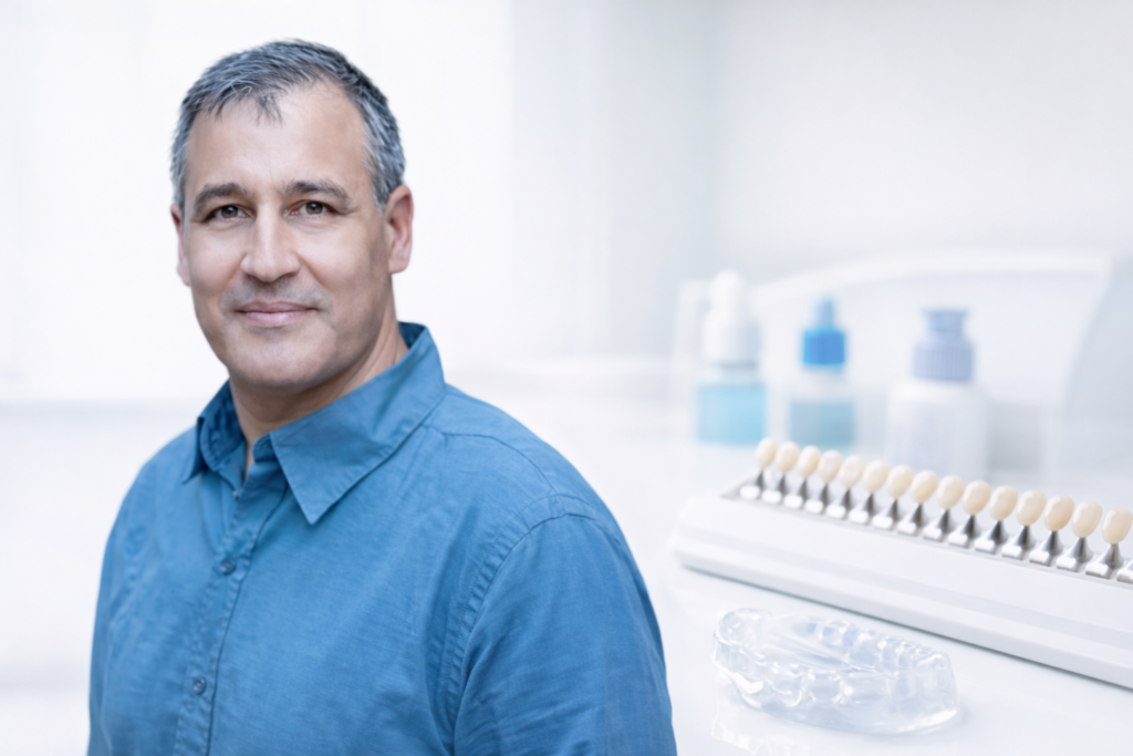 רופא שיניים עם ציוד הלבנה